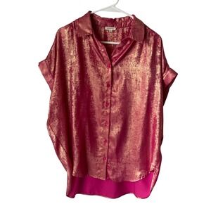 Jodifl Magenta Pink Gold Metallic Foil Button Down Short Sleeve Top Small